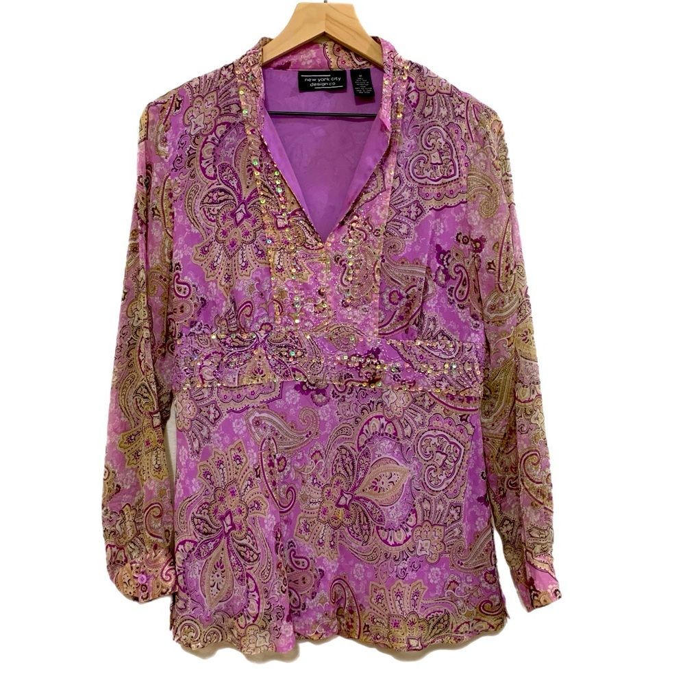 NEW YORK CITY DESIGN CO 100% Silk Blouse Sequins Empire Waist Boho Pink Purple M